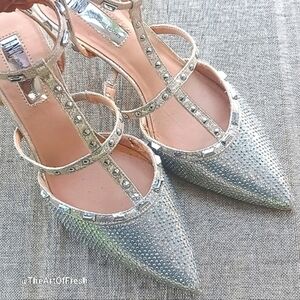 INC International Concepts Silver Kitten Heels W/ Rhinestone T-straps